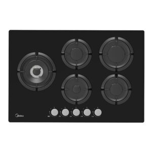 כיריים גז 5 להבות MIDEA דגם 75GH503 - זכוכית שחורה, מבערים איטלקיים DEFENDI