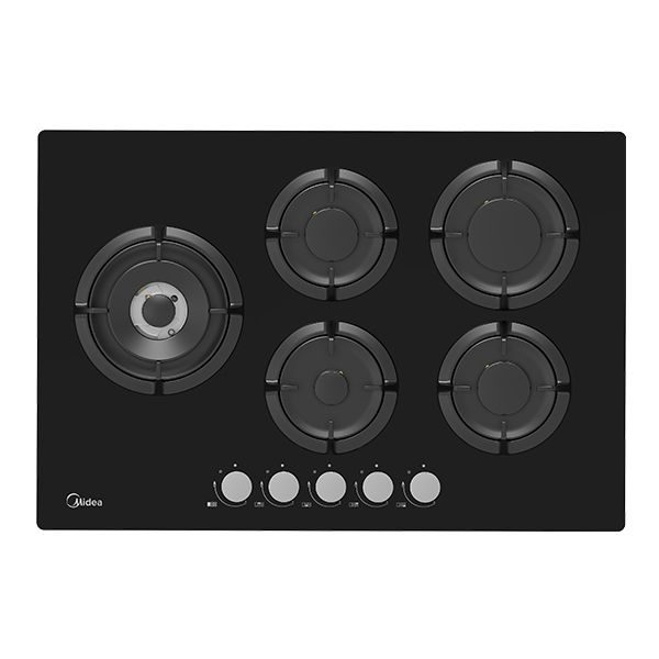 כיריים גז 5 להבות MIDEA דגם 75GH503 - זכוכית שחורה, מבערים איטלקיים DEFENDI