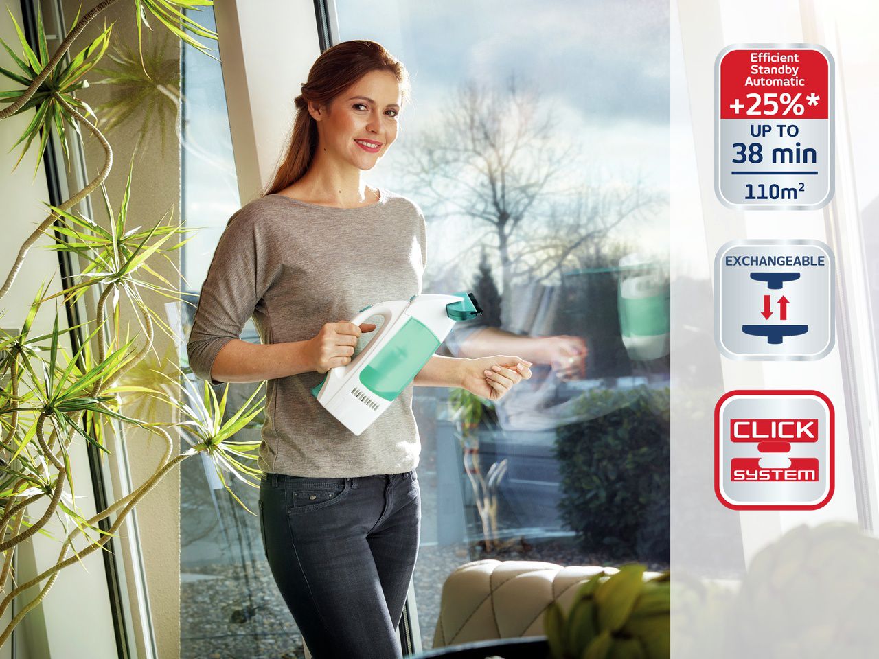 סט מנקה חלונות נטען עם ראש נשלף 28 ס"מ + אביזר לקרצוף חלונות, מבית LEIFHEIT – תמונה 2