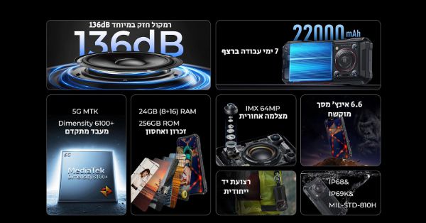 טלפון סלולרי משוריין Oukitel WP33 Pro 256GB 8GB RAM - יבואן רשמי