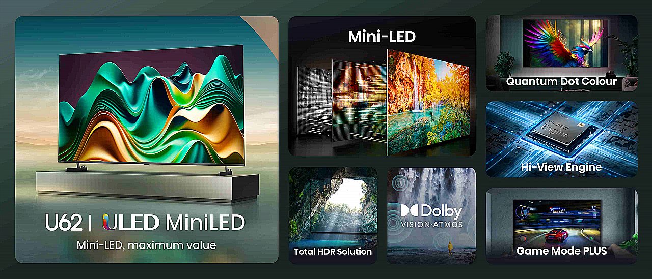 טלוויזיה חכמה 65 אינץ' Hisense 65U62NQ ULED MiniLED יבואן רשמי