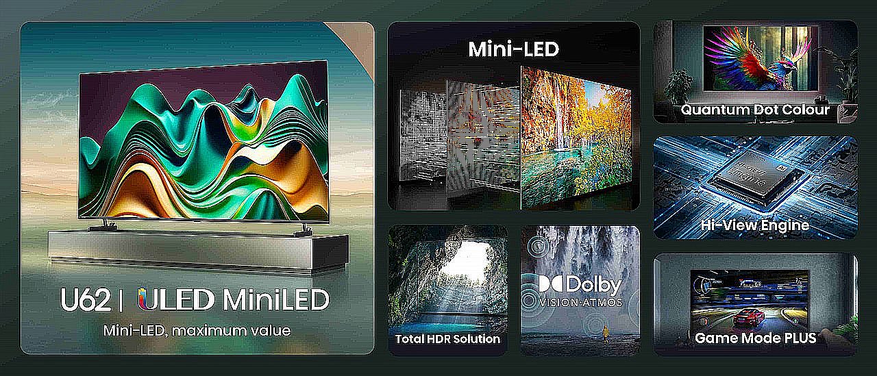 טלוויזיה חכמה 75 אינץ' Hisense 75U62NQ ULED MiniLED יבואן רשמי
