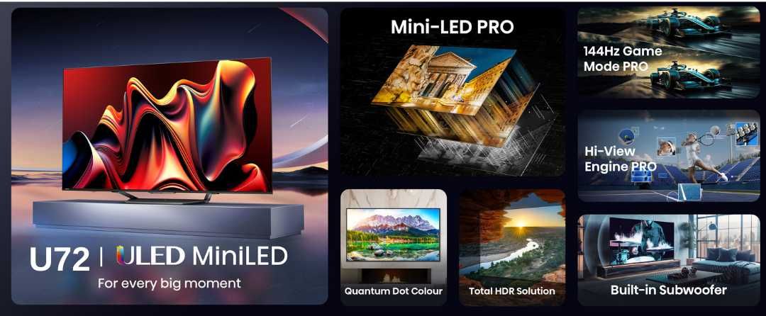 טלוויזיה חכמה 65 אינץ׳ Hisense 65U72NQ – Mini-LED PRO 4K עם 144Hz ו-Dolby Vision IQ | יבואן רשמי-משלוח מהיר – תמונה 2