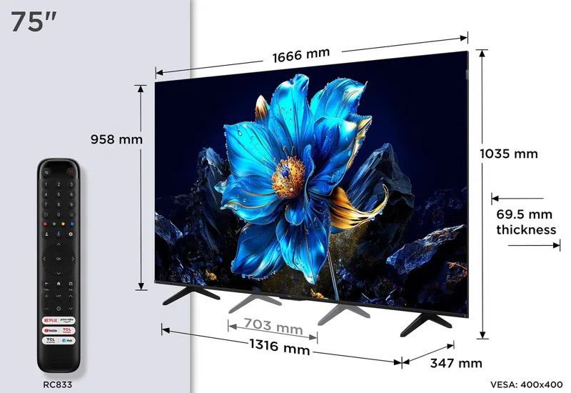 טלוויזיה חכמה 75 אינץ' דגם QLED 4K סדרה TCL 75P7K עם Google TV - יבואן רשמי | משלוח מהיר – תמונה 6