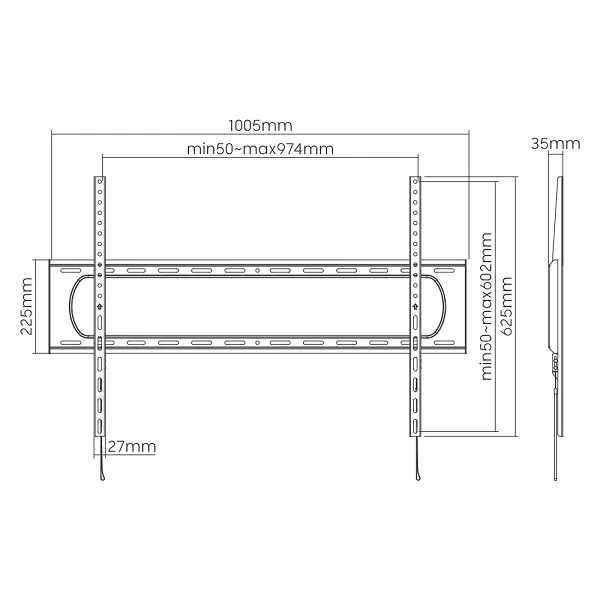 מפרט VESA של מתקן קיר לטלוויזיה Audio Line PLB980 שרטוט מפרט ותמיכת VESA של מתקן תלייה Audio Line PLB980