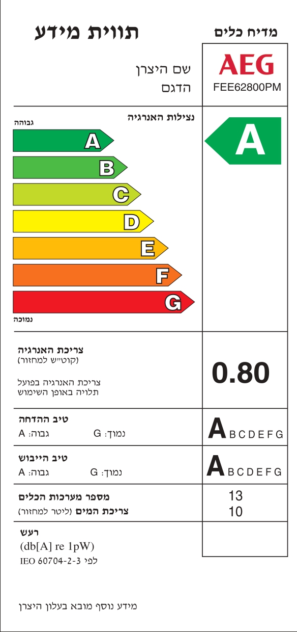 מדיח כלים חצי אינטגרלי AEG דגם FEE62800PM סדרה 6000 יבואן רשמי תווית אנרגיה FEE62800PM