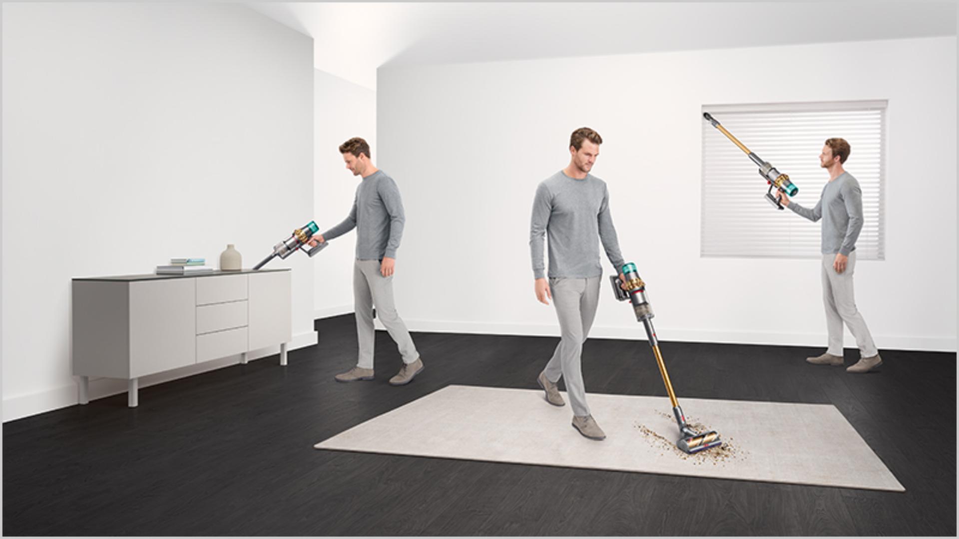 שדרוג לחווית ניקיון מתקדמת עם שואב האבק Dyson דגם V15 Detect Absolute. טכנולוגיה מתקדמת, סינון HEPA, עוצמת שאיבה חזקה ותכונות חדשניות לבית נקי ומטופח אדם המנקה במקומות שונים בבית
