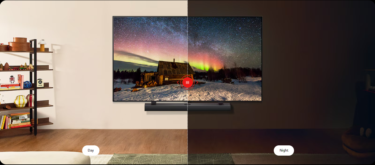 תמונה זו מציגה טלוויזיית LG NanoCell 4K 86 אינץ' NANO81T6A דלוקה, המציגה תמונת נוף מרהיבה. הטלוויזיה מונחת על ארון טלוויזיה בסלון מודרנ