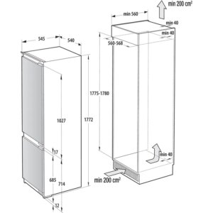 מקרר אינטגרלי 2 דלתות Gorenje NRKI517E62WF גורנייה מקפיא תחתון 54 ס"מ No-Frost נפח 252 ליטר עם צירי DOD יבואן רשמי