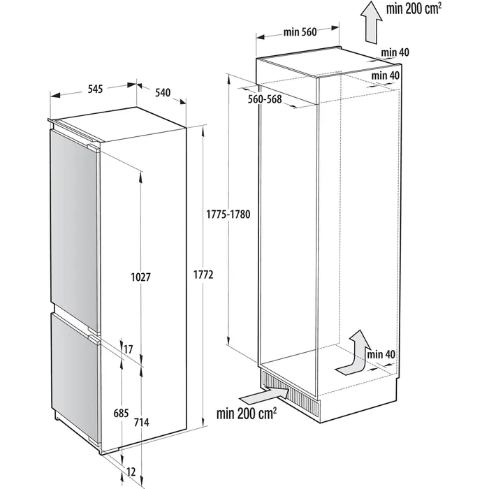 מקרר אינטגרלי 2 דלתות Gorenje NRKI517E62WF גורנייה מקפיא תחתון 54 ס"מ No-Frost נפח 252 ליטר עם צירי DOD יבואן רשמי