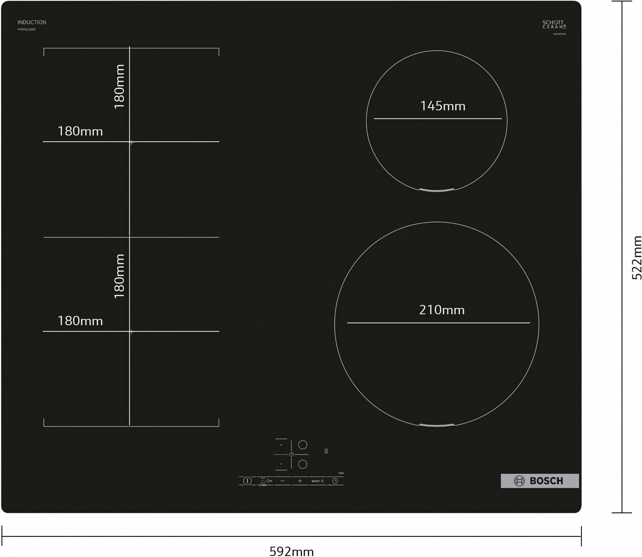כיריים אינדוקציה חד פאזי BOSCH PWP611BB5E עם 4 אזורי בישול - 60 ס"מ, שחור – תמונה 2