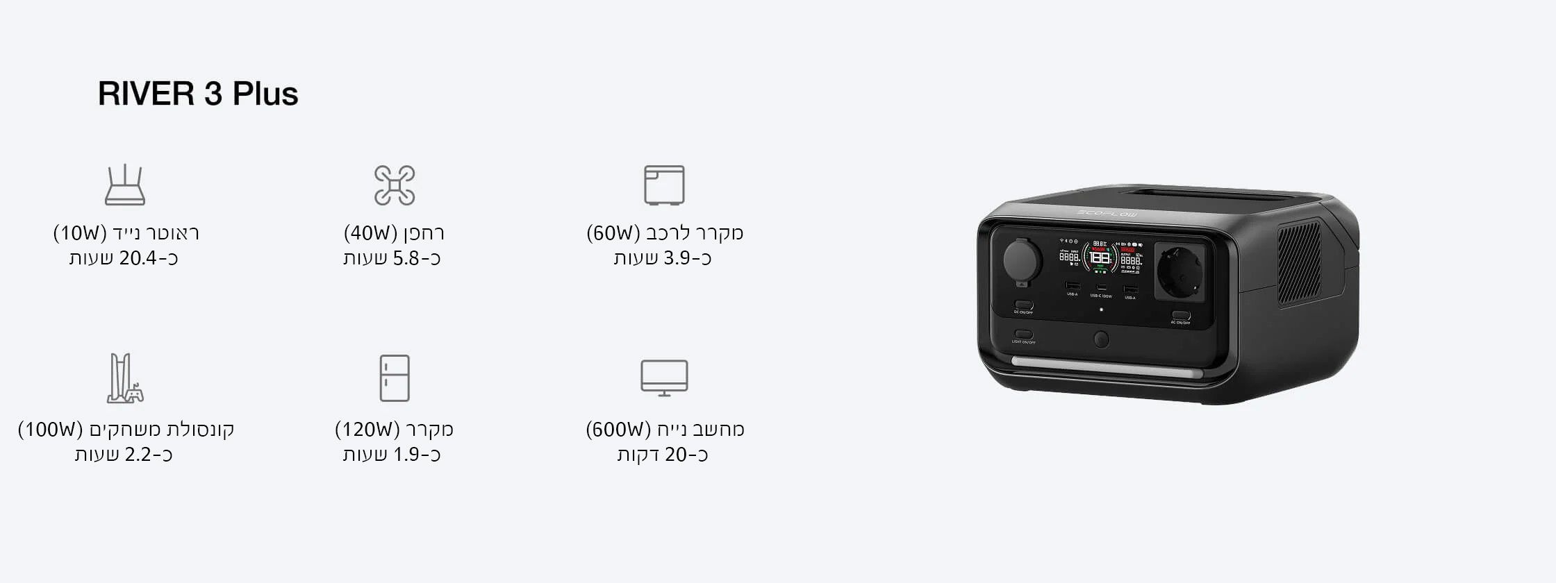 EcoFlow River 3 Max Plus-תחנת כוח ניידת 286Wh + הרחבה EB600 ל־858Wh | יבואן רשמי-משלוח מהיר – תמונה 11