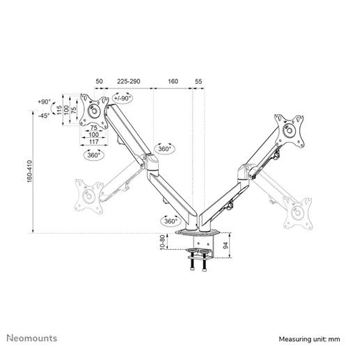 Neomounts DS70-700BL2 - זרוע שולחנית כפולה לשני מסכי מחשב 17–27 אינץ' עם בולמי גז | יבואן רשמי – תמונה 3