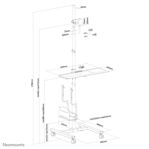 Neomounts FPMA-MOBILE1700 – תחנת עבודה ניידת למסכים 10"-32" עם מדף מחשב ומגש מקלדת | יבואן רשמי