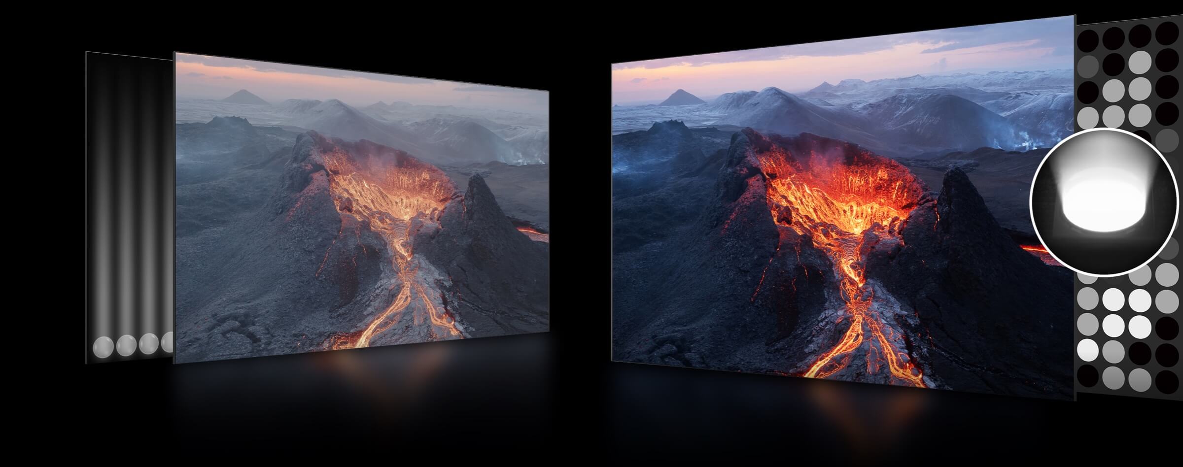 טלוויזיית TCL C745 QLED 4K: טבילה עוצמתית של צבע ותמונה בתמונה זו רואים טלוויזיית TCL C745 QLED 4K המוקרנת על קיר, המציגה תמונה עוצמתית של הר געש המתפרץ. הטלוויזיה מציגה צבעים חיים ומבריקים, רמת שחור עמוקה ותמונה חדה וברורה.