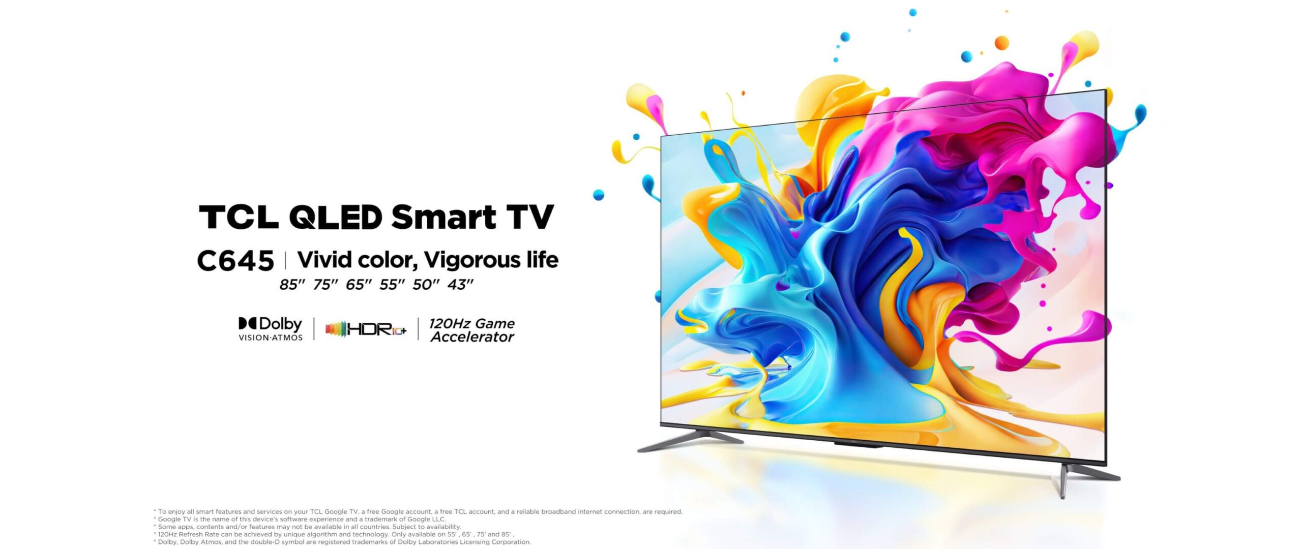 טלוויזיית TCL C645 QLED 4K: חווית צפייה מרהיבה עם צבעים עזים חיים ותוססים בתמונה זו רואים טלוויזיית TCL C645 QLED 4K בגודל 85 אינץ'. הטלוויזיה מציגה מסך נטול מסגרת עם עיצוב מטאלי מודרני וסופר אלגנטי. היא מציעה תמונה מרהיבה עם טכנולוגיית QLED מתקדמת, עוצמת תאורה גבוהה של עד 450 nit, רמת ניגודיות גבוהה וזווית צפייה רחבה במיוחד של 178 מעלות.