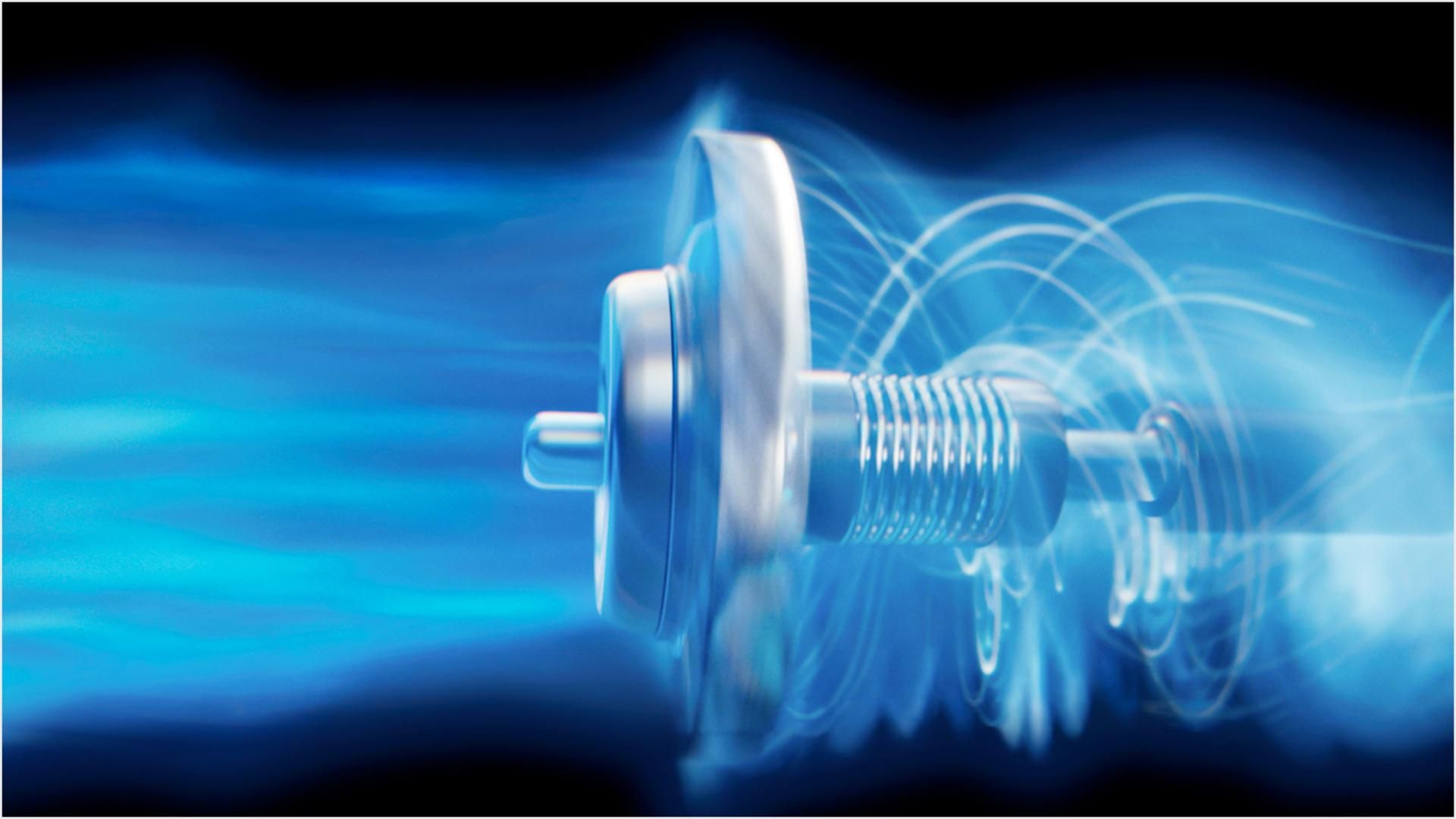 Dyson Airstrait מבט מהצד של מנוע ה-Hyperdymium, עם זרימת אוויר מוצגת בכחול.