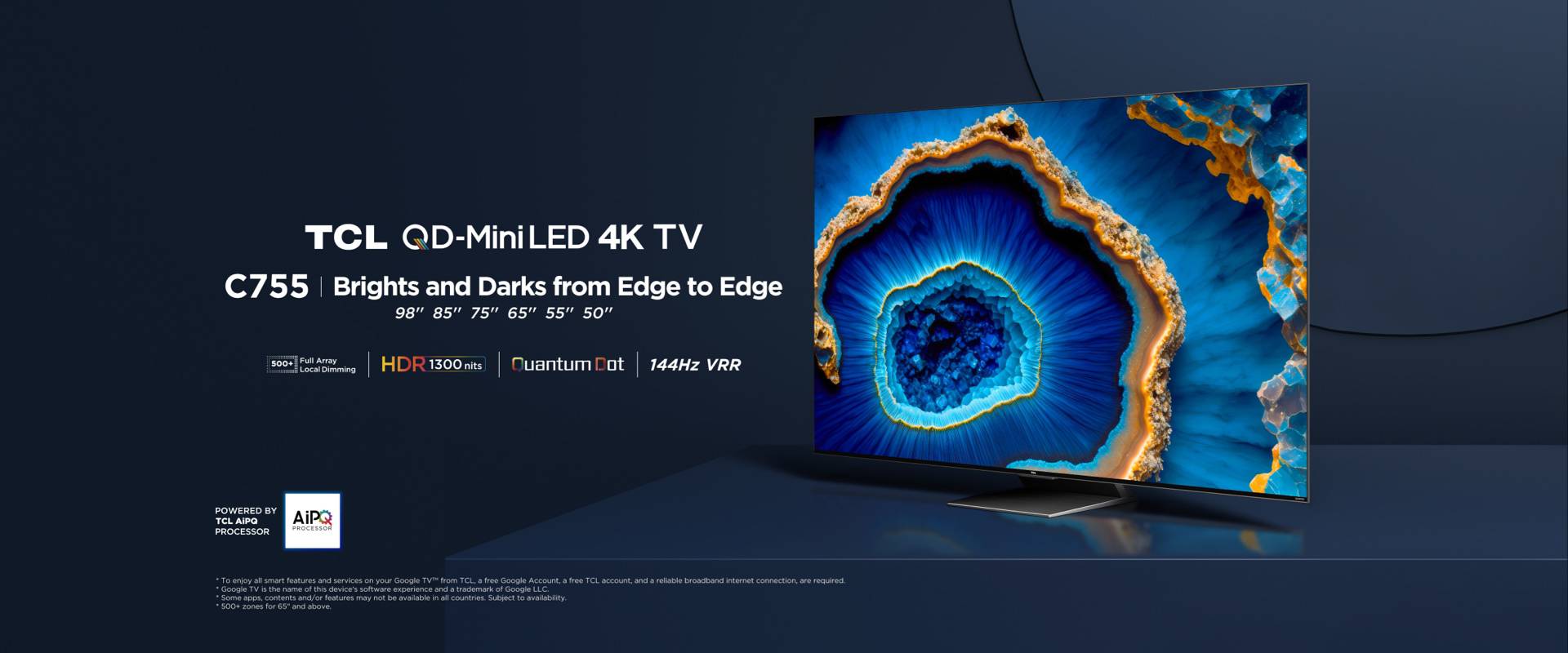 התמונה מציגה טלוויזיה TCL C755 QLED Mini LED 4K בעיצוב מודרני ודק.