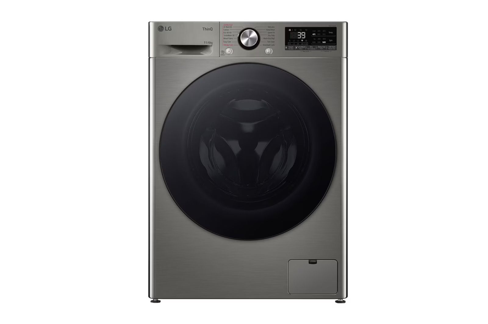 מכונת כביסה משולבת מייבש LG WD11614GBB פתח חזית 11 ק מכונת כביסה ומייבש 611 ק''ג AIDD בצבע שחור פלטינה עם פתח קדמי ודלת זכוכית שחורה