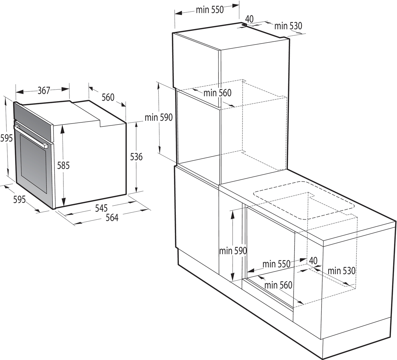 תנור בנוי GORENJE BOS6737CLB תמונה של מידות של תנור בנוי GORENJE BOS6737CLB