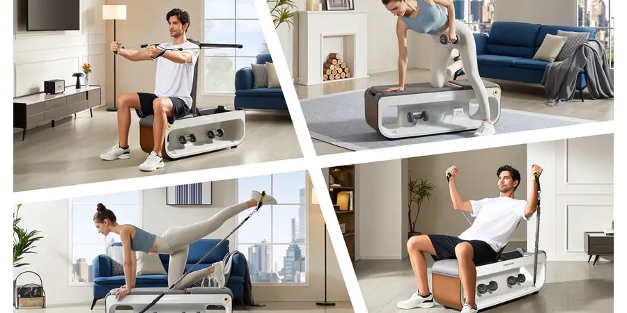 KingSmith Multifunctional Fitness Bench - חדר כושר ביתי קומפקטי פתרון אלגנטי וחסכוני במקום לאימונים ביתיים מגוונים. העיצוב המודרני משלב ספסל מרופד, מערכת גלגלות עם ידיות, שק אגרוף, משקולות ורצועות התנגדות. מגוון האפשרויות מאפשר אימון של כל הגוף, כולל חיזוק, אירובי ואימוני ליבה. הקומפקטיות והאסתטיקה של המכשיר הופכים אותו למתאים לכל חלל בבית, ומספקים חוויית אימון מקיפה ויעילה ללא צורך במנוי לחדר כושר.