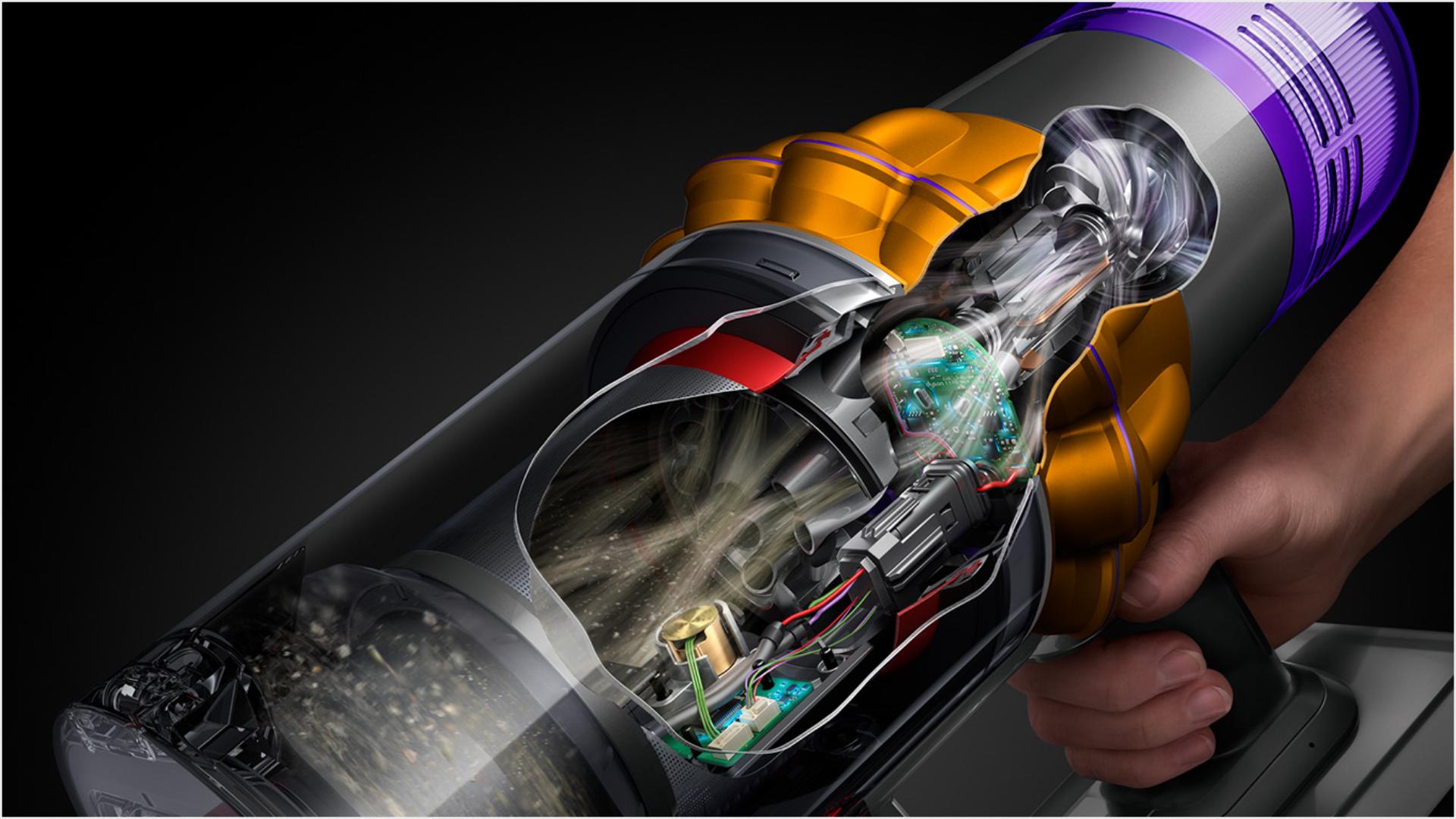 Dyson V15s Detect Submarine טכנולוגיה טכנולוגיה 14 ציקלונים הפועלים במקביל יוצרים כוח של עד 100,000g לסילוק חלקיקי אבק מיקרוסקופיים מזרם האוויר ללא אובדן כוח שאיבה.