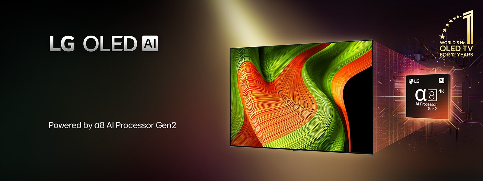 LG OLED83B56LA על מסך טלוויזיית LG OLED AI יש תמונה מופשטת עם פרטים, צבעים וניגוד מרשימים. מאחורי הטלוויזיה עומדת גרסה מוגדלת של מעבד alpha 8 AI Gen2. הוא זוהר באור המאיר את מעגלי המיקרו-שבבים סביבו. מופיעה הכותרת LG OLED AI. הכיתוב גם גלוי והוא מופעל ע