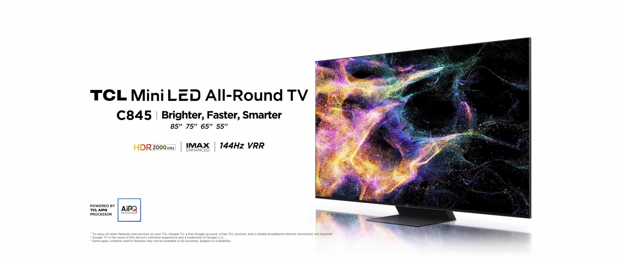 TCL C845 Mini LED TV: טלוויזיה חכמה לכל המשפחה בתמונה זו רואים טלוויזיה חכמה מדגם TCL C845 Mini LED, המוצגת על גבי שולחן. הטלוויזיה בעלת מסך גדול ודק, ומסגרתה דקה ומסוגננת