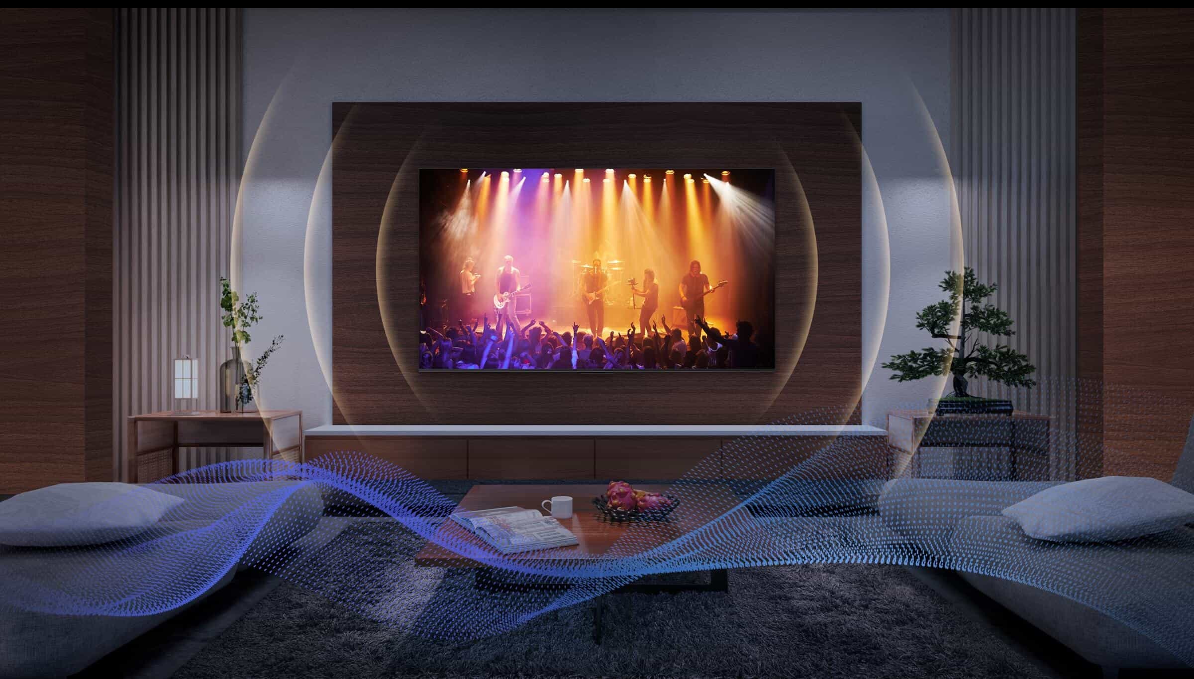 טלוויזיית TCL 55C845 QLED MiniLED 4K: חוויית צפייה וקול משופרים בתמונה זו רואים סלון מודרני עם טלוויזיית TCL 55C845 QLED MiniLED 4K המותקנת על הקיר. הטלוויזיה מציעה תמונה מרהיבה ורזולוציה של 4K, הודות לטכנולוגיית MiniLED החדישה. בנוסף, הטלוויזיה כוללת מערכת שמע עוצמתית של 2.1 ערוצים עם תמיכה ב-Dolby Atmos ו-DTS אודיו, המספקת חווית צליל סוחפת ועשירה.